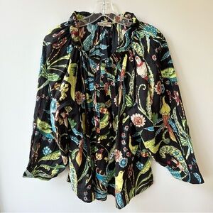 Fitzroy & Willa cotton tie neck blouse with black tropical bird print